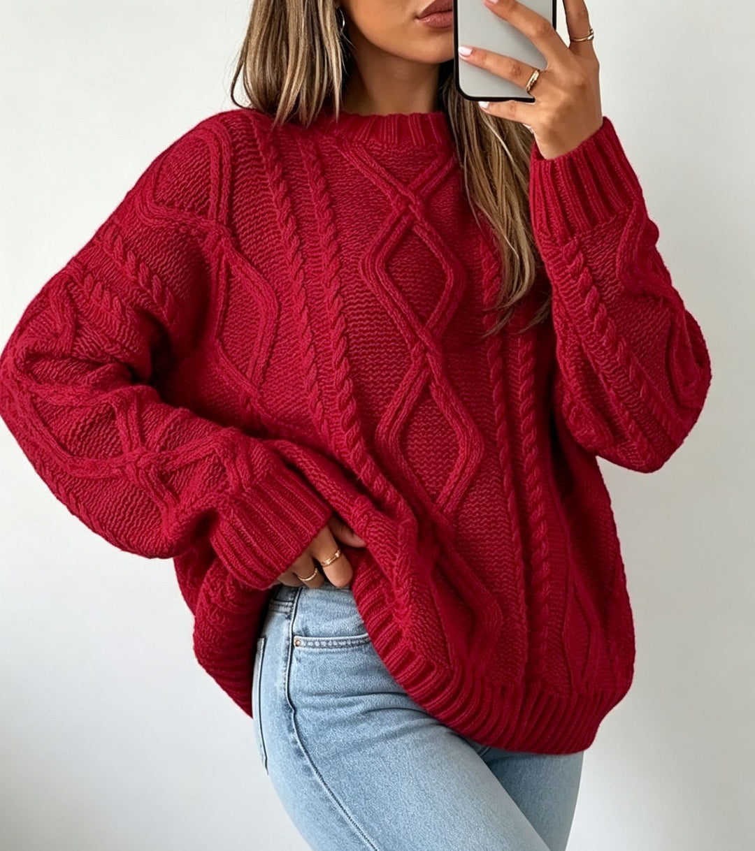 Damen Oversize Flechtstrick-Pullover mit Zopfmuster und Rundhals EB