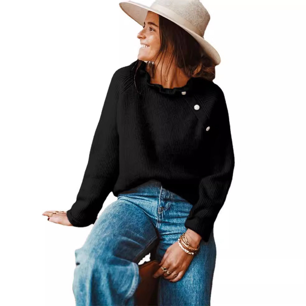 Damen Rippstrickpullover mit Rüschenkragen und seitlicher Knopfleiste EB