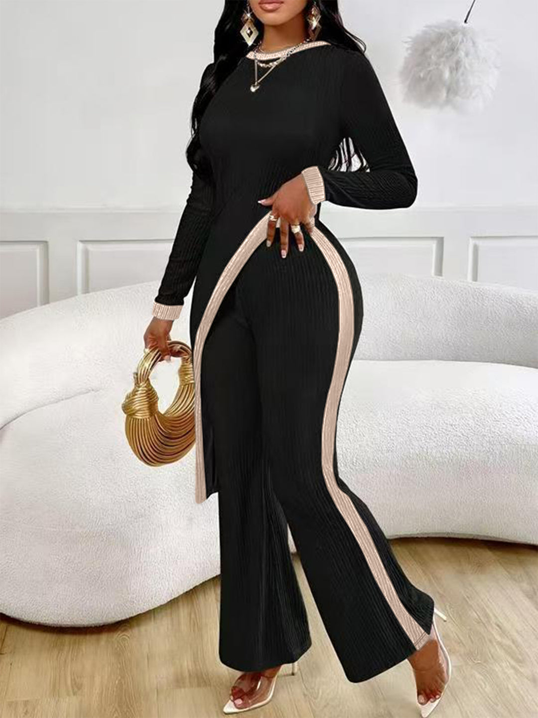 Damen nan eleganter Rippen-Jumpsuit mit asymmetrischer Wickeloptik, taillierendem Cut-Out und kontrastierenden Seitenstreifen EB