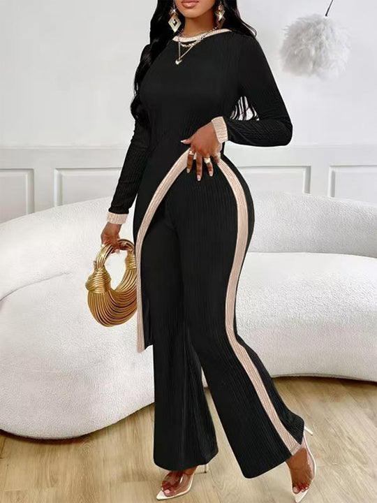 Damen nan eleganter Rippen-Jumpsuit mit asymmetrischer Wickeloptik, taillierendem Cut-Out und kontrastierenden Seitenstreifen EB