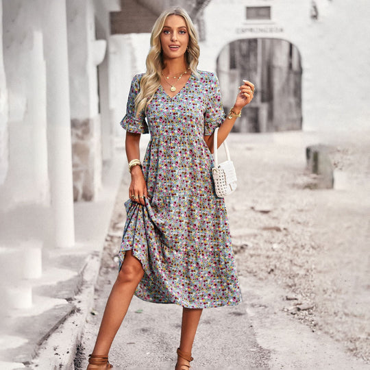 Damen Midi-Kleid mit Floralem Muster und Verspieltem V-Ausschnitt EB