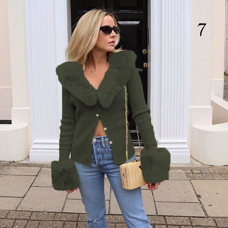 Damen Strickjacke mit luxuriösem Pelzkragen und modischen Puffärmeln EB