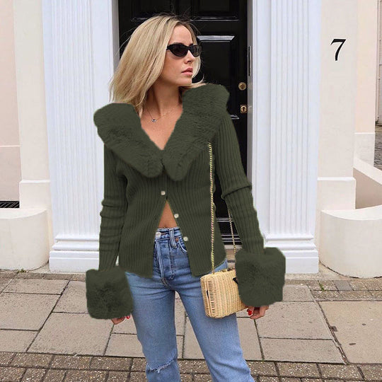 Damen Strickjacke mit luxuriösem Pelzkragen und modischen Puffärmeln EB