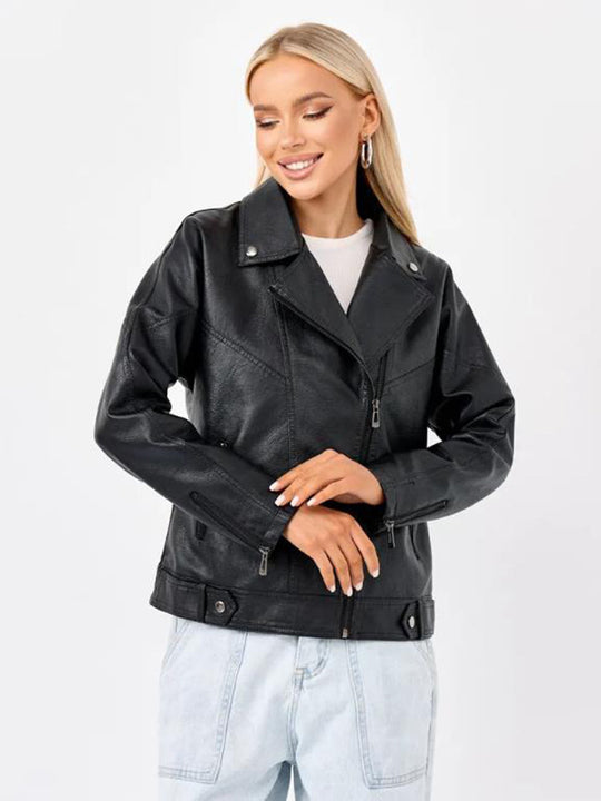 Damen hochwertige Kunstlederjacke im Biker-Stil mit asymmetrischem Reißverschluss EB