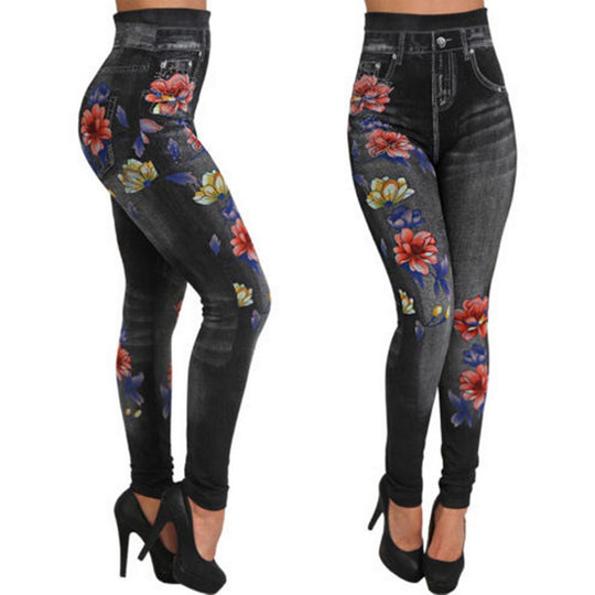 Damen Hochtaillierte Leggings im Jeans-Look mit floralem Motiv EB