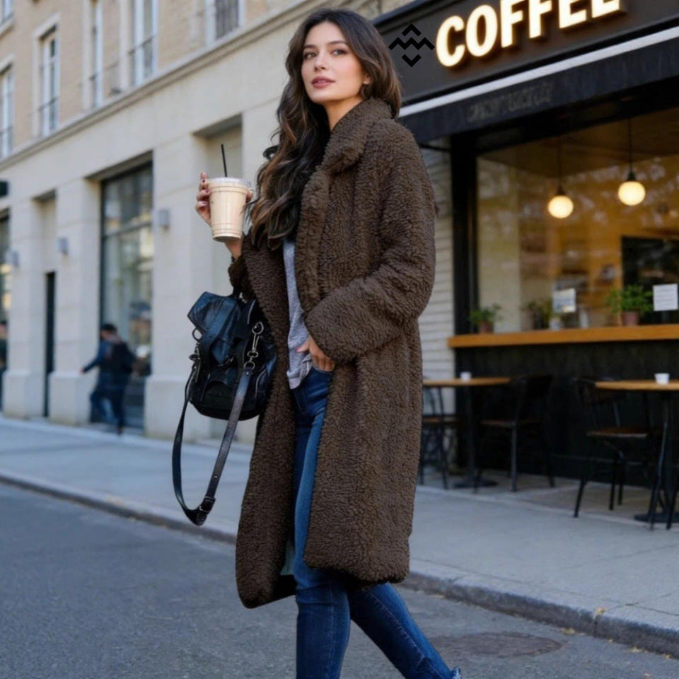 Damen nan kuscheliger Teddy-Mantel mit Oversize-Schnitt und hohem Reverskragen EB