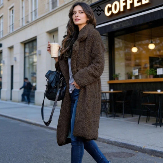 Damen nan kuscheliger Teddy-Mantel mit Oversize-Schnitt und hohem Reverskragen EB