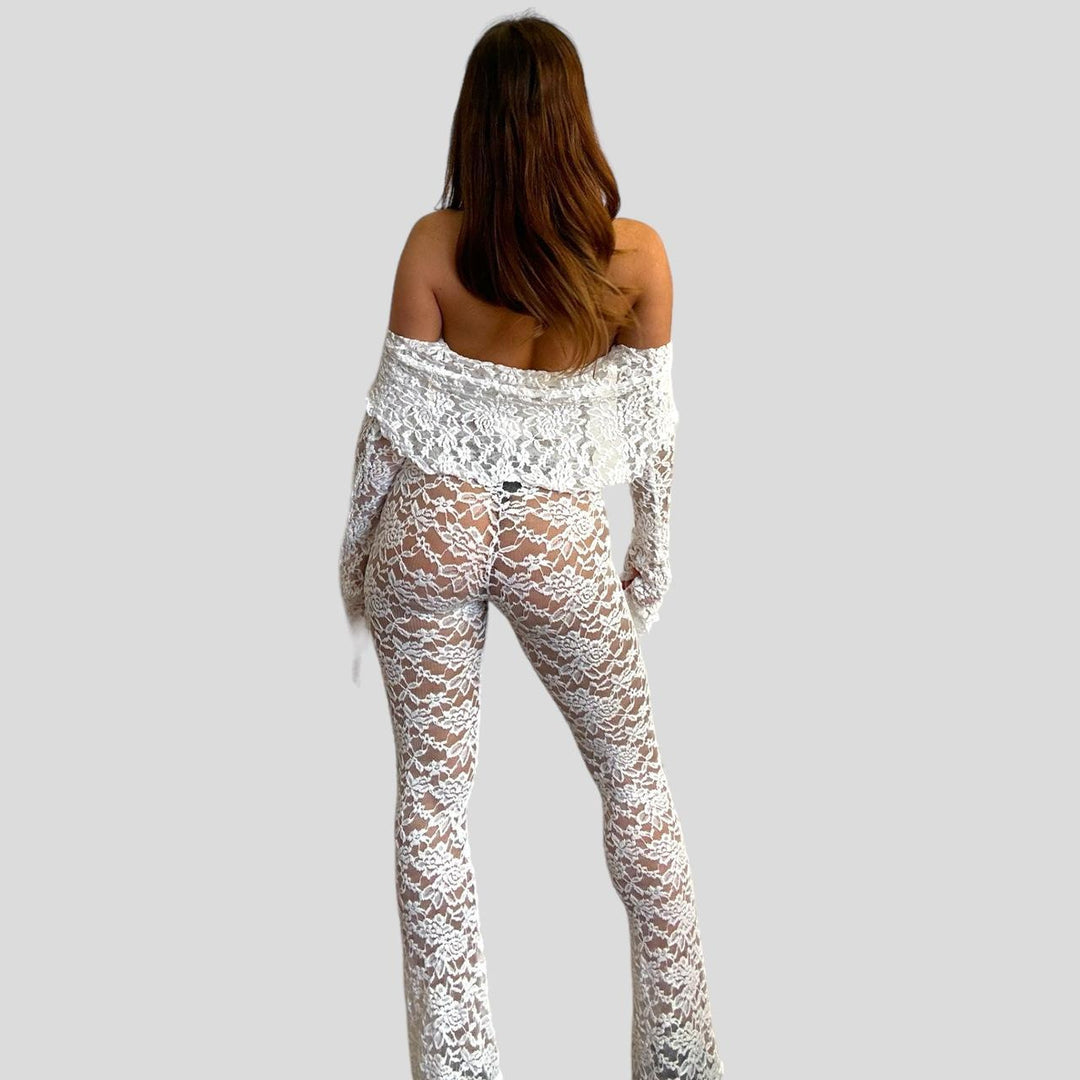 Damen Spitzen-Crop-Top mit weitem Ärmel und passenden Hose EB