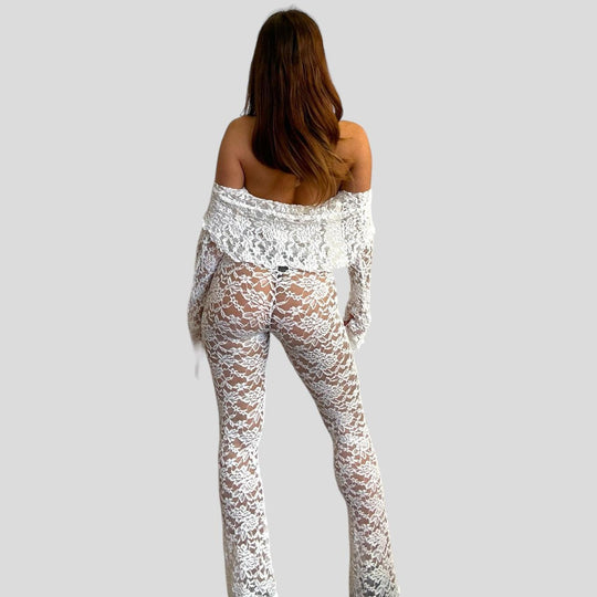 Damen Spitzen-Crop-Top mit weitem Ärmel und passenden Hose EB
