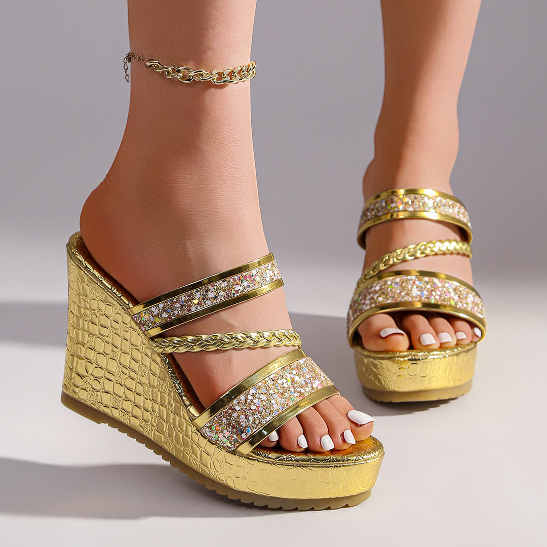 Damen Wedge-Sandalen mit funkelnden Akzenten und elegantem Krokodil-Design EB