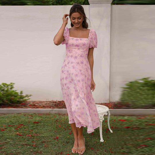 Damen Midikleid mit Puffärmeln und elegantem Blumendruck EB