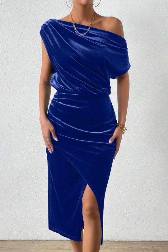 Damen Elegantes Schulterfreies Midikleid im Fließenden Design EB