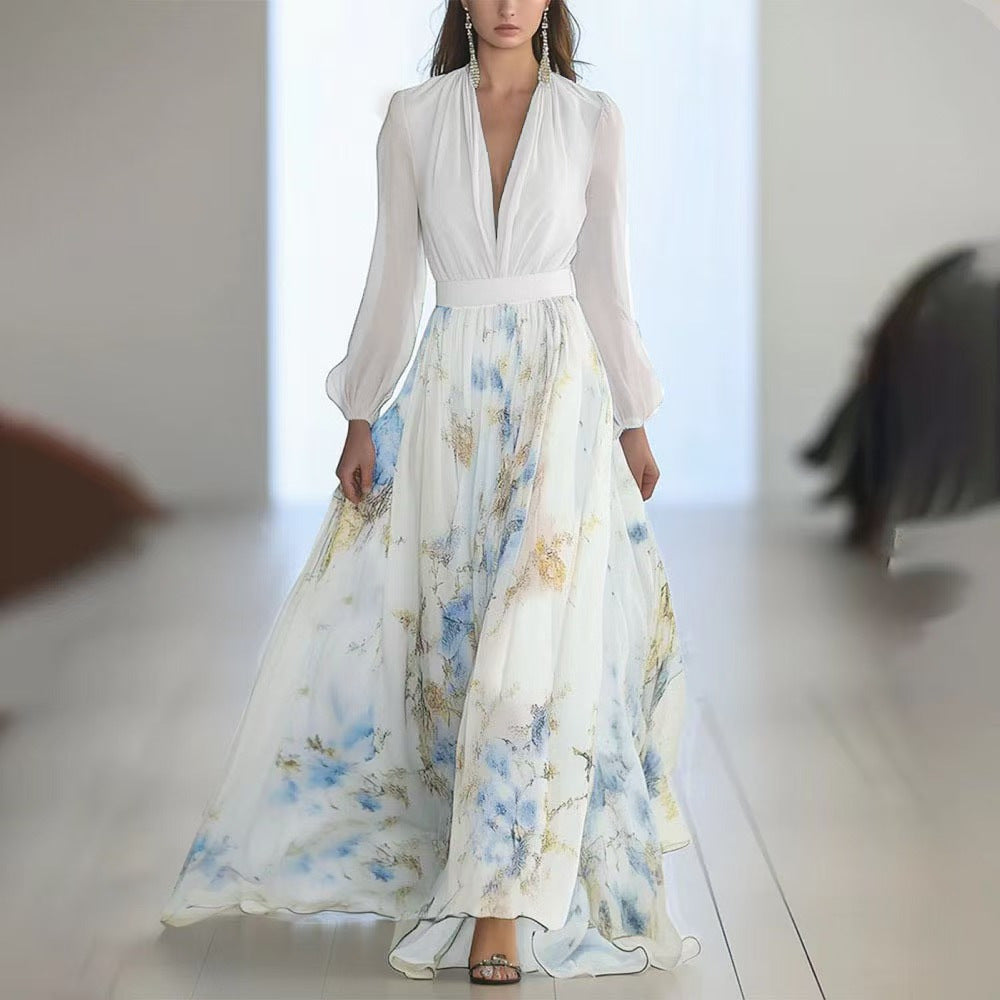 Damen nan fließendes Chiffon-Maxikleid mit tiefem V-Ausschnitt, tailliertem Bund und langem Glockenrock EB