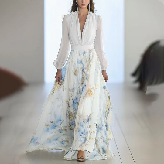 Damen nan fließendes Chiffon-Maxikleid mit tiefem V-Ausschnitt, tailliertem Bund und langem Glockenrock EB
