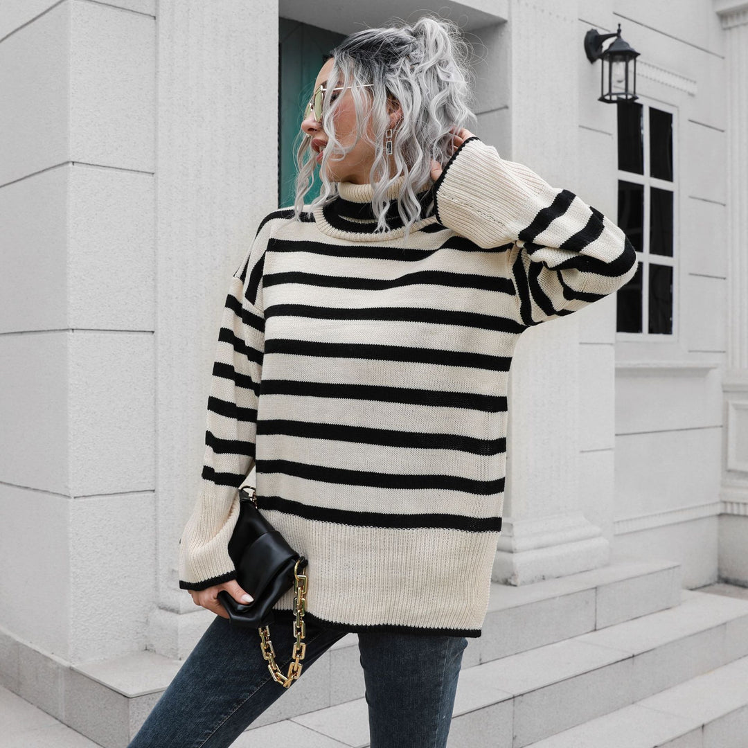 Damen Strickpullover mit hohen Bündchen und lässigem Streifenmuster EB