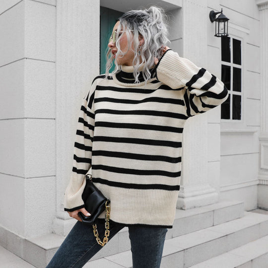 Damen Strickpullover mit hohen Bündchen und lässigem Streifenmuster EB