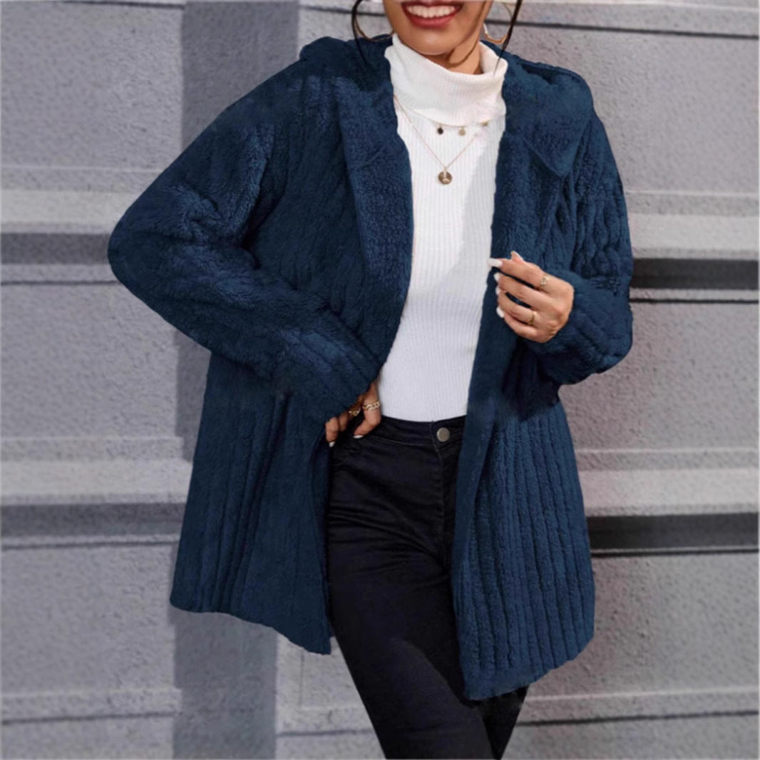 Damen lässige Fleecejacke mit strukturiertem Design und Kapuze EB