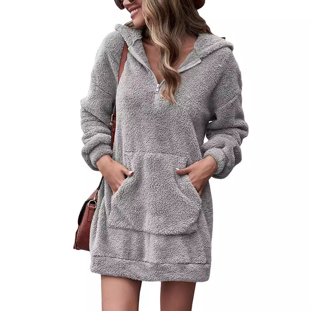 Damen Fleece-Kapuzenkleid mit Taschen und Reißverschluss EB
