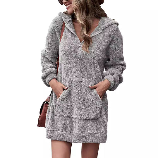 Damen Fleece-Kapuzenkleid mit Taschen und Reißverschluss EB