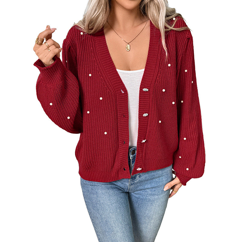 Damen Strickcardigan mit Perlenbesatz und überschnittenen Ärmeln EB