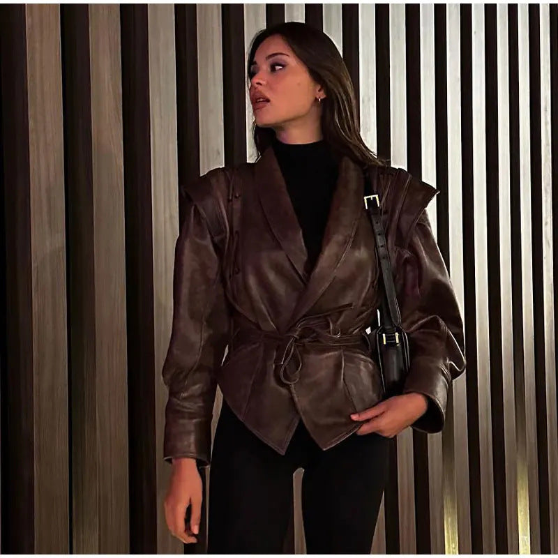 Damen modische Wildlederjacke mit tailliertem Schnitt und Bindegürtel EB