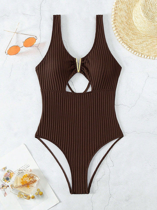 Damen Einteiler Badeanzug mit modischem Cut-Out und goldenen Akzenten EB