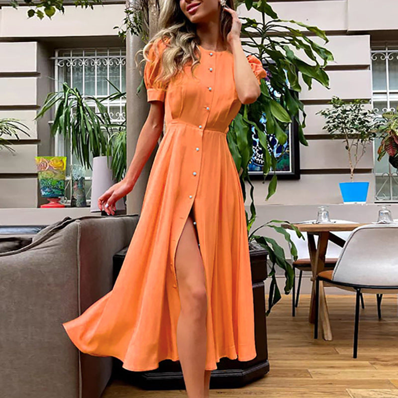 Damen Maxikleid mit Knopfleiste und seitlichem Schlitz EB