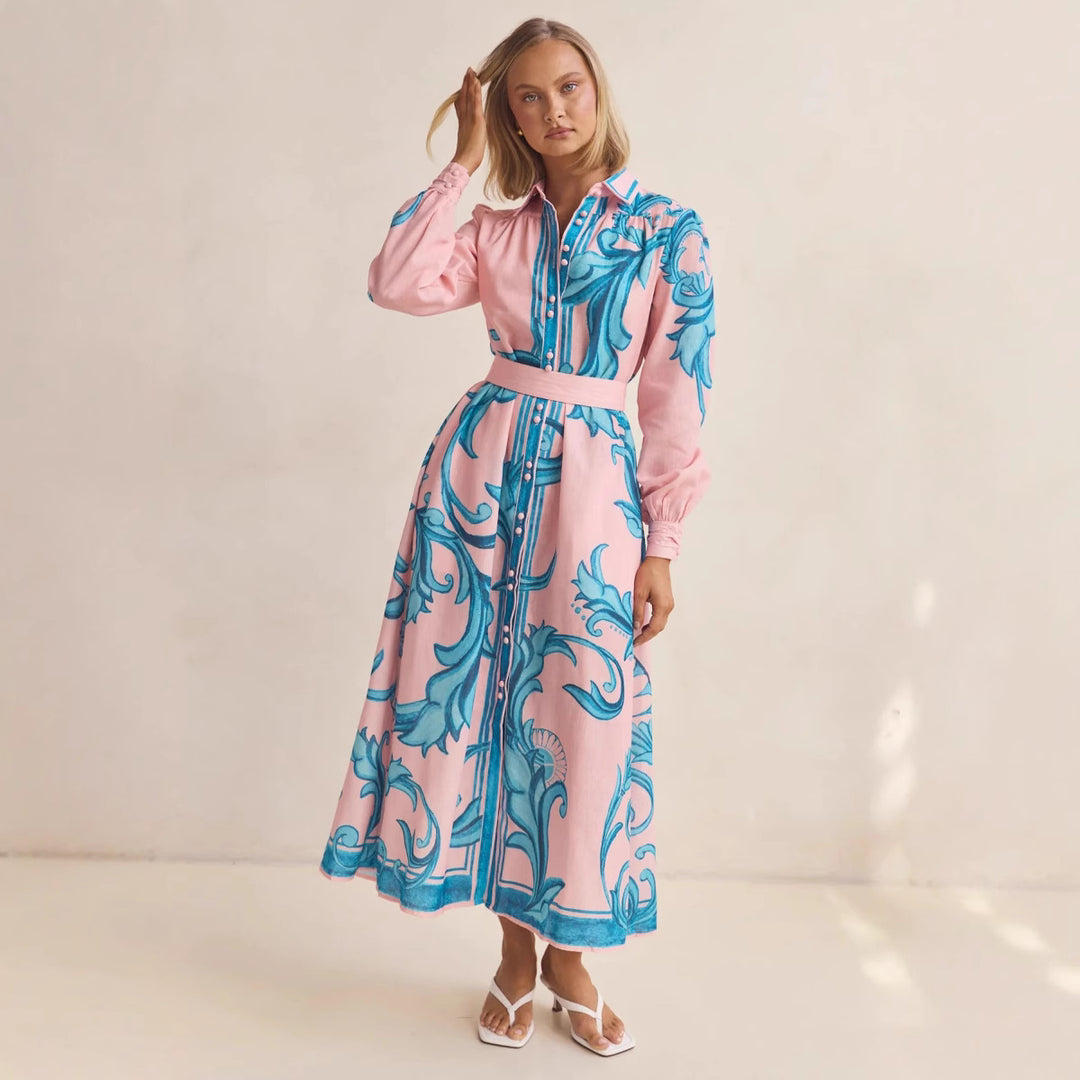 Damen Langarmhemdkleid mit floralen Akzenten und Taillengürtel EB