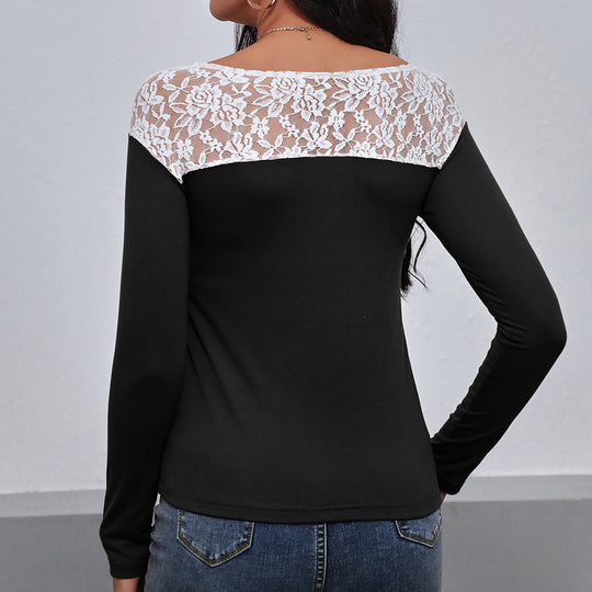 Damen elegantes Langarmshirt mit floralen Spitzendetails EB