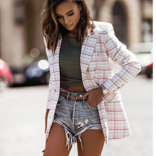 Damen elegante Blazerjacke im karierten Design mit Doppeltasten EB