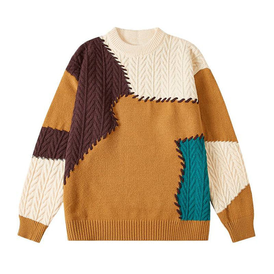 Herren nan strukturierter Patchwork-Strickpullover mit Zopfmuster und Rundhals EB