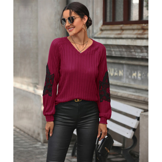 Damen V-Ausschnitt Pullover mit eleganten Spitzenärmeln und Rippstruktur EB