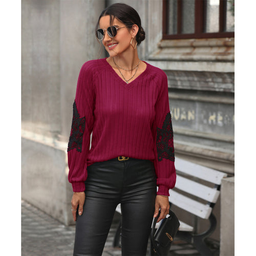 Damen V-Ausschnitt Pullover mit eleganten Spitzenärmeln und Rippstruktur EB
