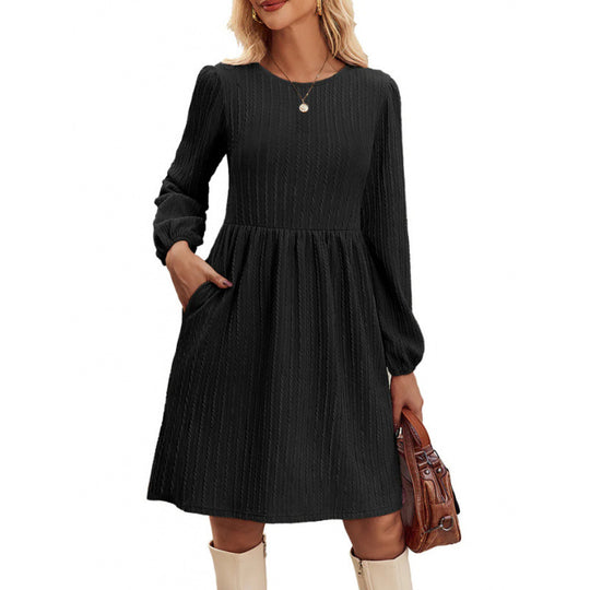 Damen Casual Langarm Plissee Kleid EB
