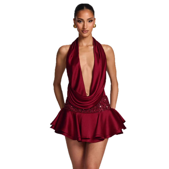 Damen elegantes Wickelkleid mit tiefem V-Ausschnitt und schwingendem Rock EB