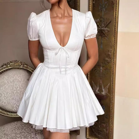Damen Glamouröses Volantkleid mit tiefem V-Ausschnitt und Puffärmeln EB