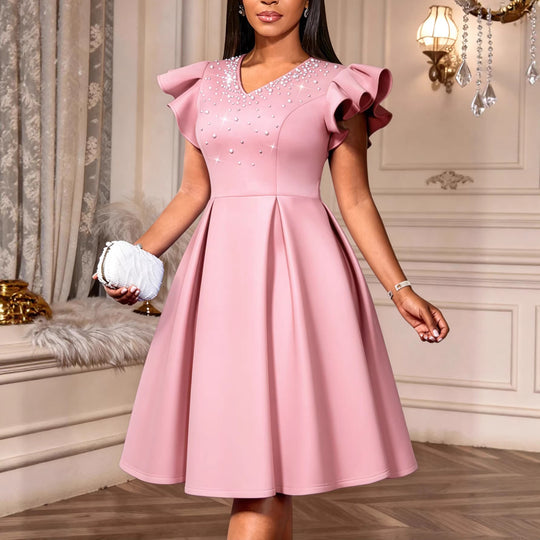 Damen A-Linien Kleid mit glitzernden Perlen und voluminösen Ärmeln EB