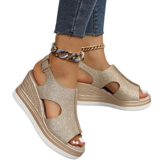 Damen Wedge-Sandalen mit glitzerndem Obermaterial und komfortablem Fußbett EB