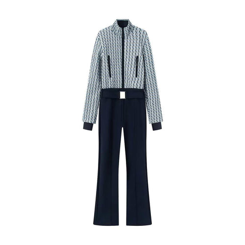 Damen nan kurz geschnittenes Bouclé-Blouson-Set mit Stehkragen, verdecktem Reißverschluss und High-Waist Schlaghose EB