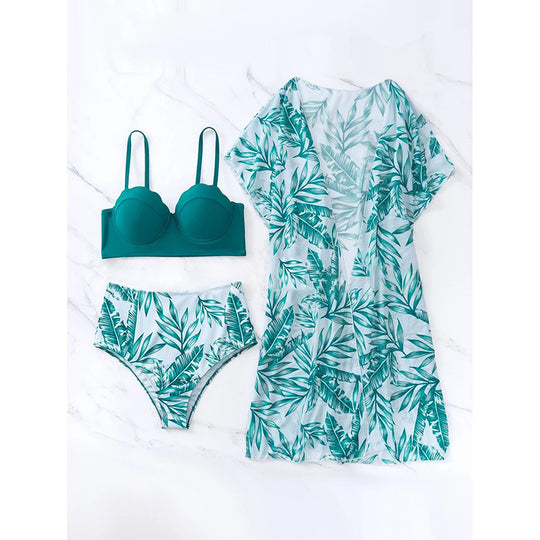 Damen Hochgeschnittener Bikini mit elegantem Scalloped-Oberteil und floralem Cover-Up EB