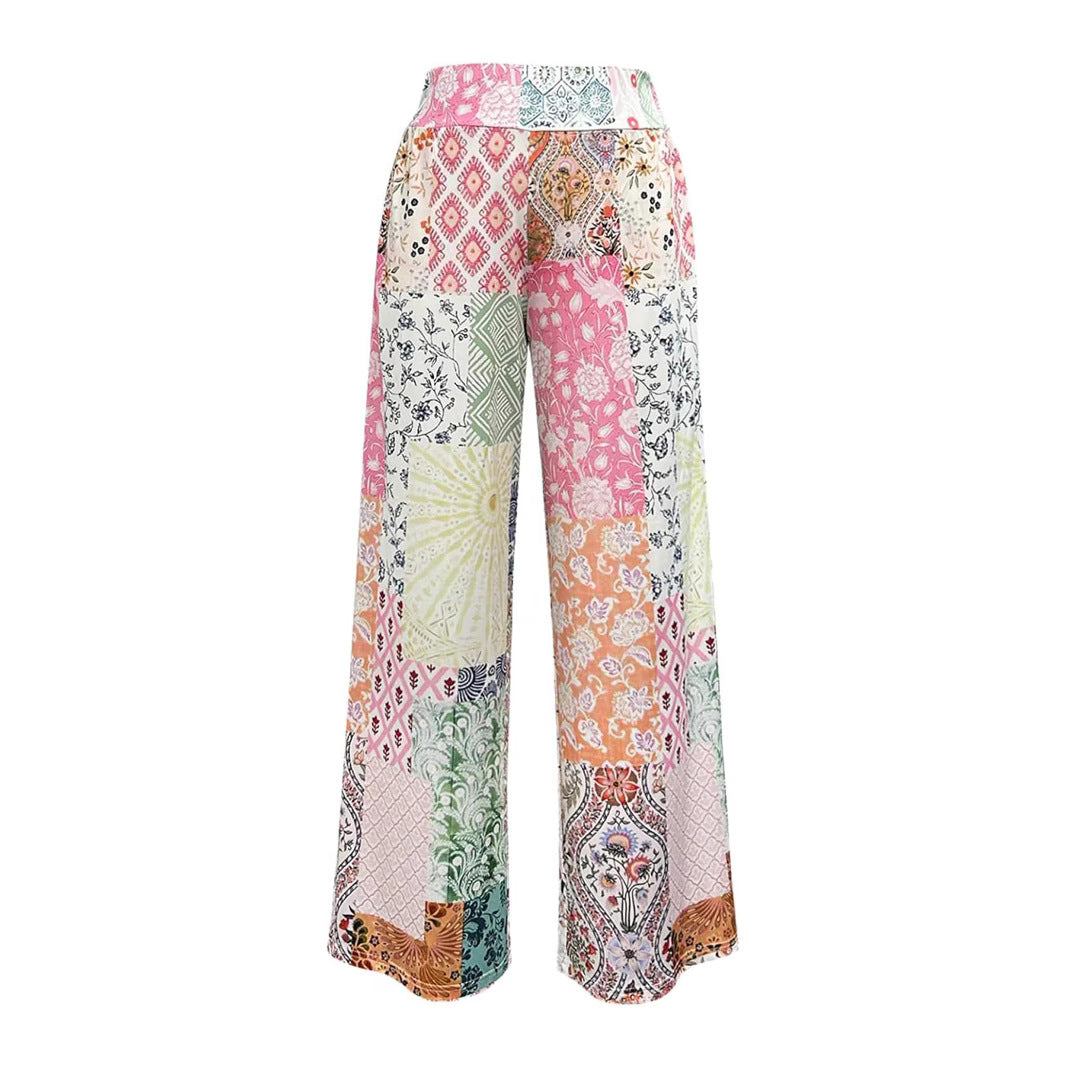 Damen Komfortable weite Stoffhose mit buntem Patchwork-Muster EB