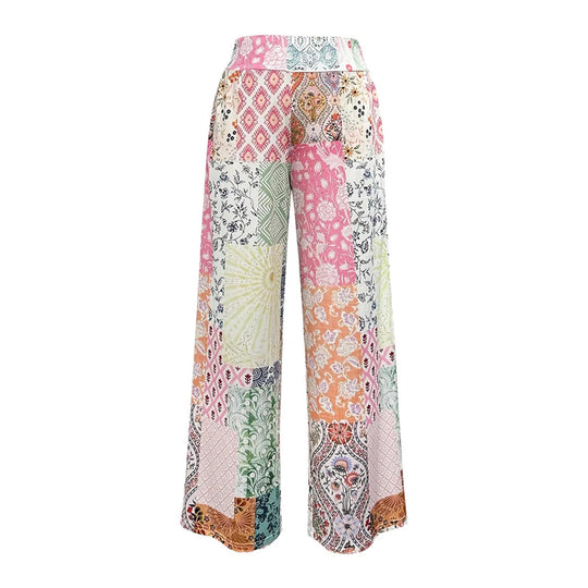 Damen Komfortable weite Stoffhose mit buntem Patchwork-Muster EB