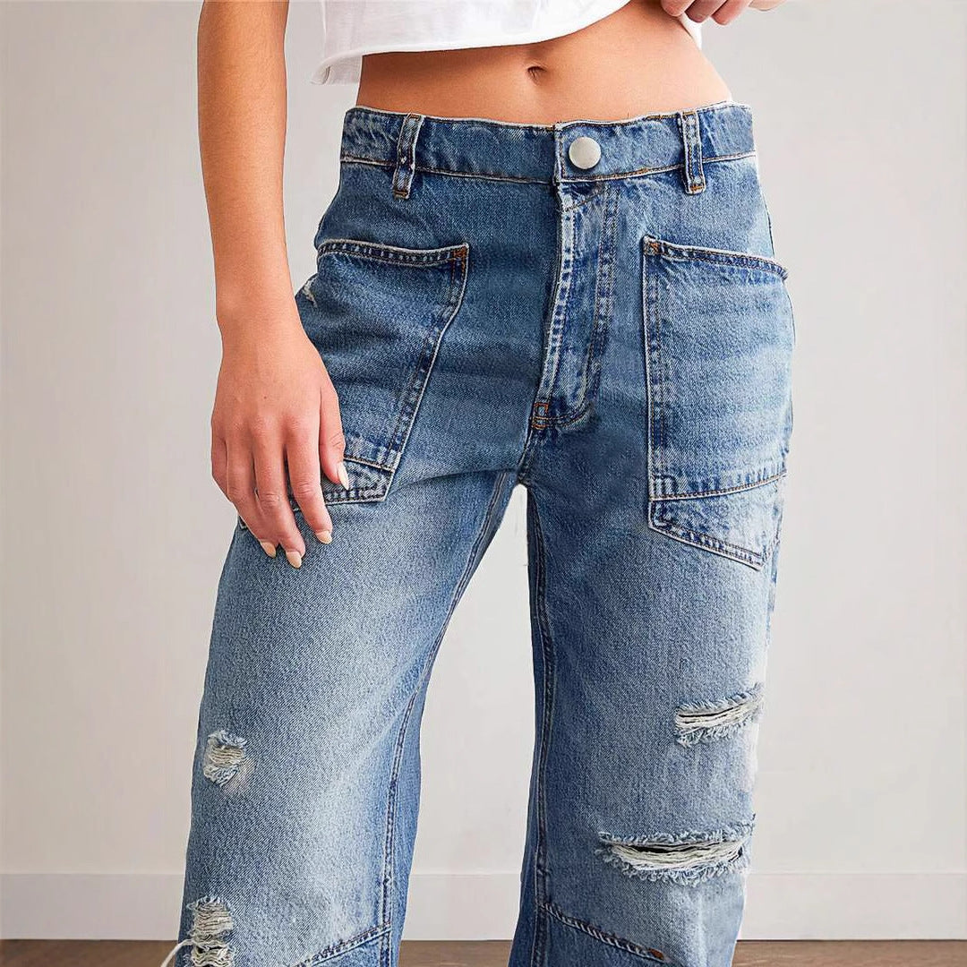 Damen Trendige Vintage Jeans im lässigen Boyfriend-Schnitt mit auffälligen Taschen EB