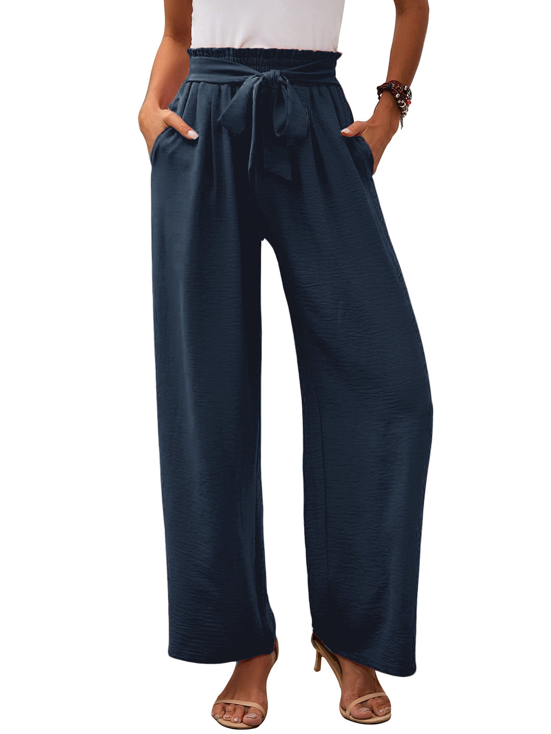 Damen nan Paperbag-Hose mit weitem Bein, hohem elastischem Bund und Bindegürtel EB