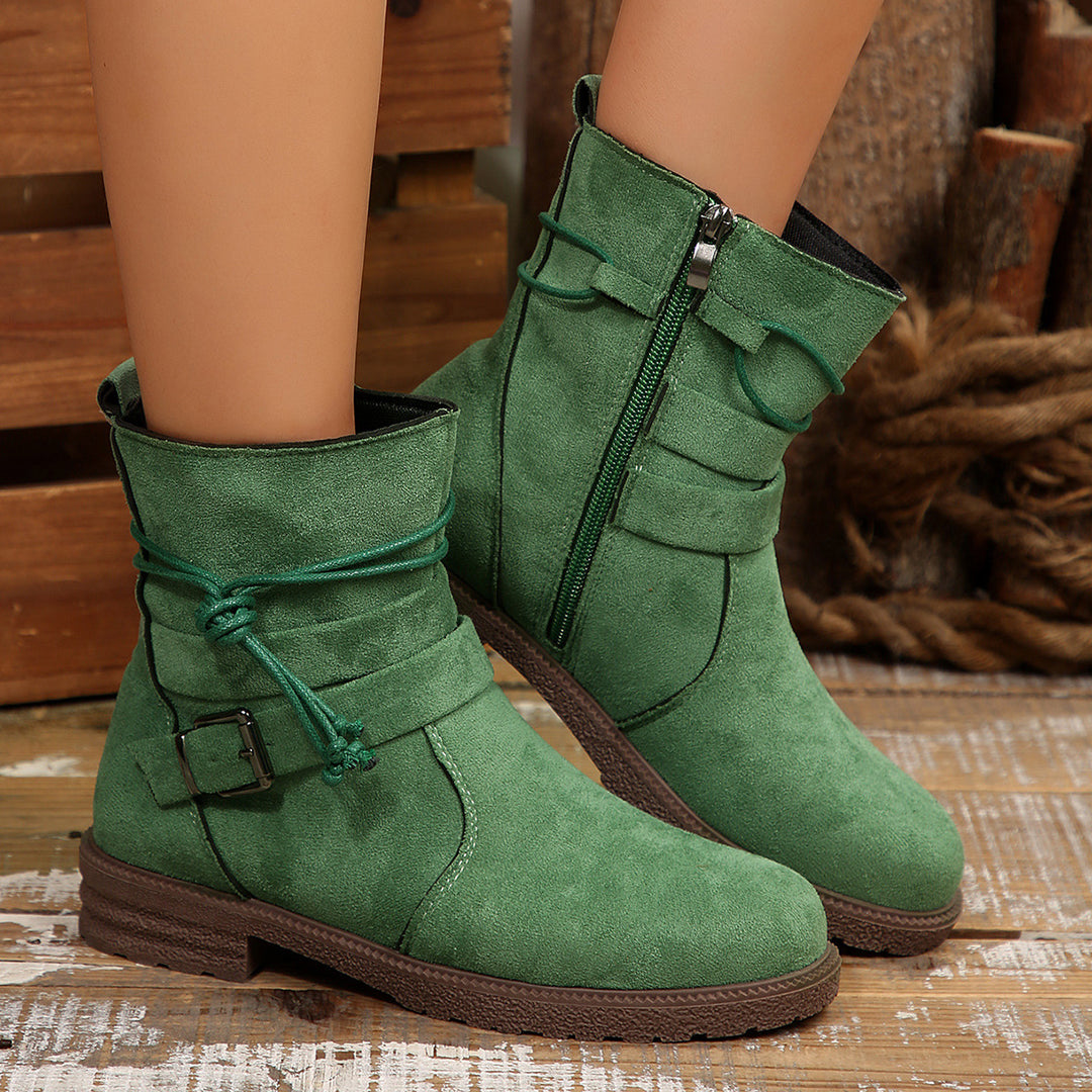 Damen nan knöchelhohe Velourslederoptik-Stiefelette mit Leopardenprint-Falte, seitlichem Reißverschluss und dekorativer Schnalle EB