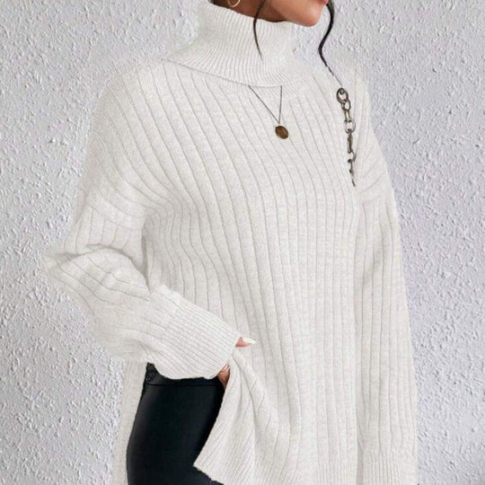 Damen Modischer Rippstrickpullover mit hohem Kragen und lässigem Schnitt EB