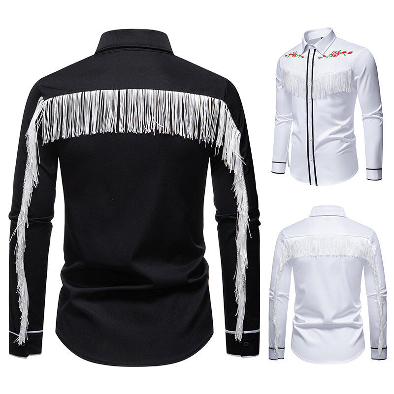 Herren elegante Westernbluse mit Fransen und bestickten Motiven EB
