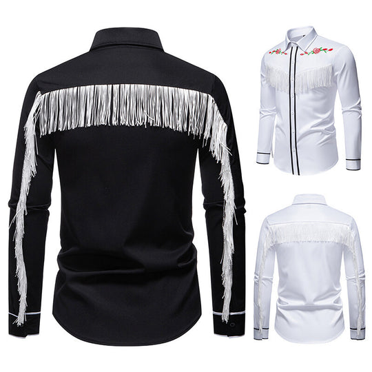 Herren elegante Westernbluse mit Fransen und bestickten Motiven EB