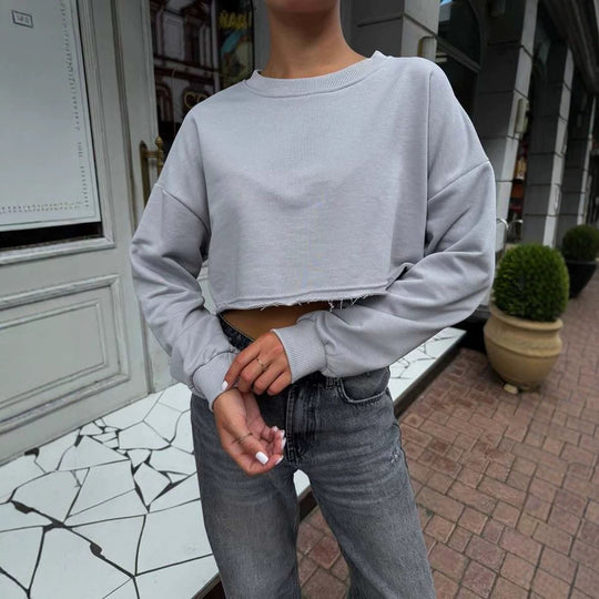 Damen Kurzgeschnittenes Sweatshirt mit ausfransendem Saum und überschnittener Schulter EB