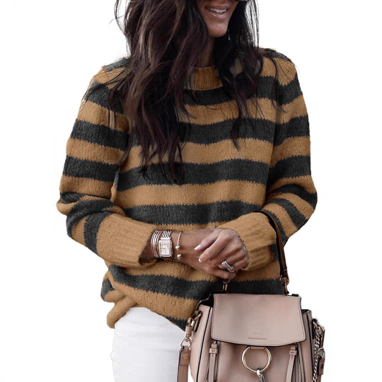Damen lässiger Strickpullover mit breiten Querstreifen EB